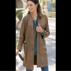 SOFT SURROUNDINGS Faux Suede Open Front Long Cardigan Jacket Brown